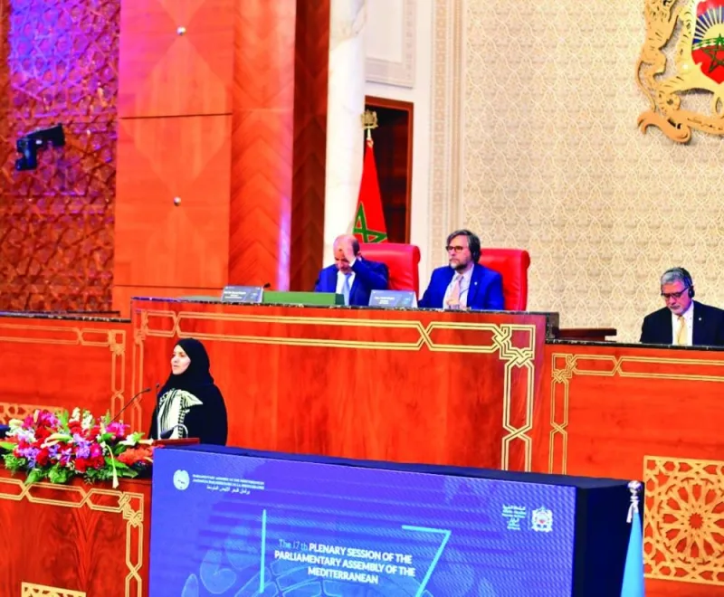 HE the Deputy Speaker of the Shura Council Dr Hamda bint Hassan al-Sulaiti speaking at the 17th Parliamentary Assembly of the Mediterranean in Rabat.