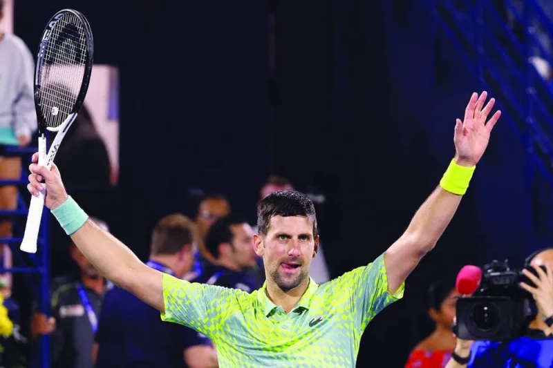 Serbia’s Novak Djokovic reacts after his win over Poland’s Hubert Hurkacz in Dubai yesterday. (AFP)