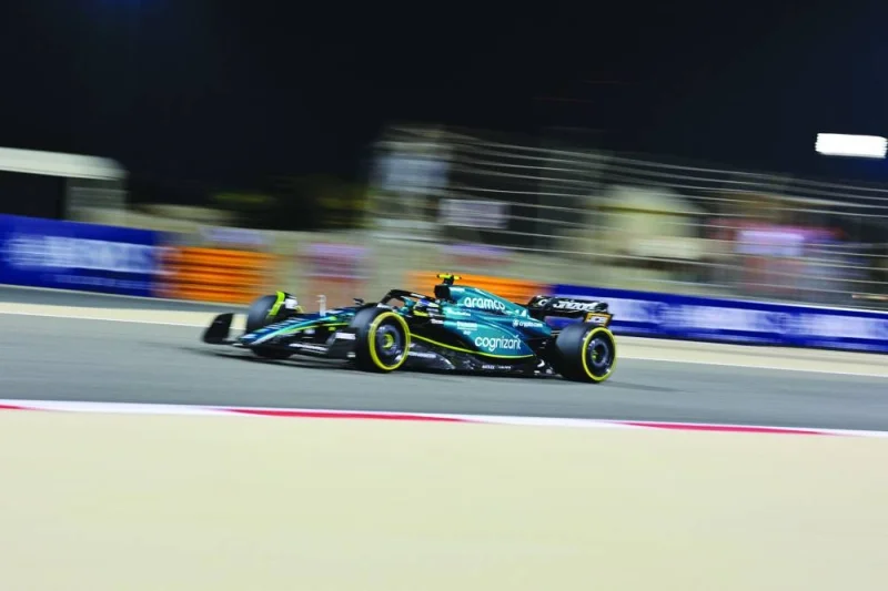 Aston Martin’s Spanish driver Fernando Alonso drives during the second practice session of the Bahrain F1 Grand Prix at the Bahrain International Circuit in Sakhir on Friday. (AFP)
