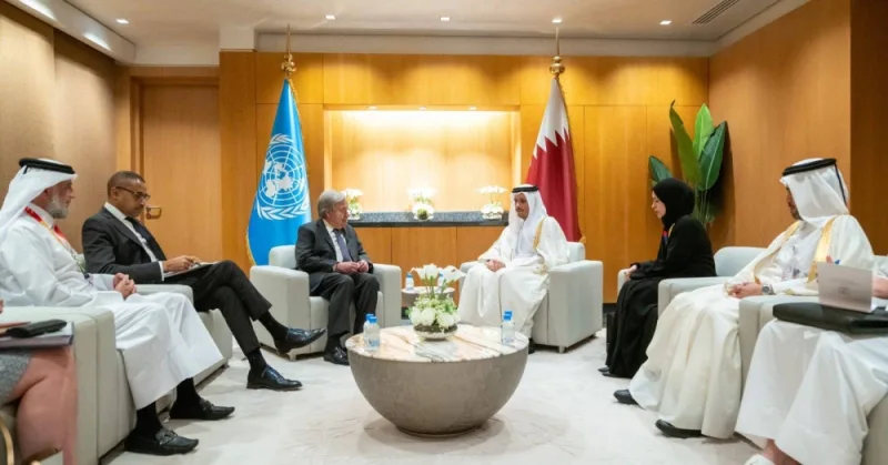 HE the Deputy Prime Minister and Minister of Foreign Affairs Sheikh Mohammed bin Abdulrahman Al-Thani meets with the Secretary-General of the United Nations Antonio Guterres.