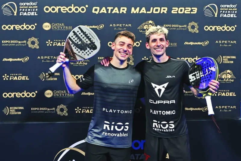 Argentinian pair Franco Stupaczuk and Martin Di Nenno celebrate reaching the final of the Ooredoo Qatar Major 2023 at the Khalifa Tennis and Squash Complex.