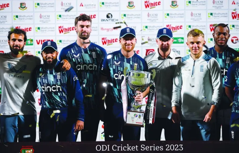 England celebrate winning the series with the trophy after the third ODI against Bangladesh at ZAC Stadium, Chattogram, Bangladesh, on Monday. (Reuters)  