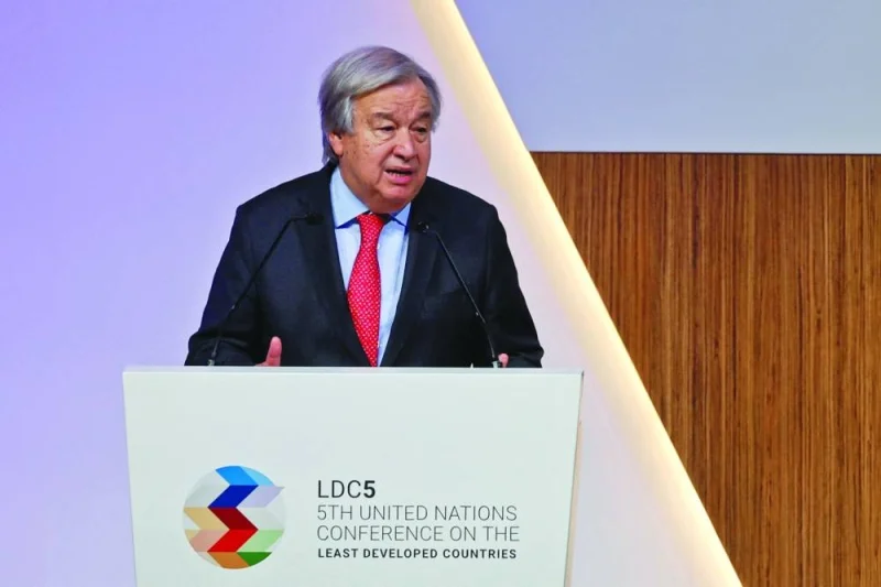 UN Secretary-General Antonio Guterres speaks during the 5th Conference on the Least Developed Countries in Doha on Sunday. (AFP)