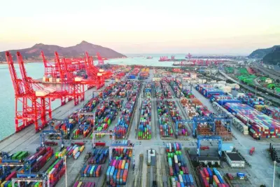 The aerial photo shows containers stacked at Lianyungang port, in China's eastern Jiangsu province (file). China has set a target for gross domestic product (GDP) growth this year of around 5%, after severe pandemic controls last year knocked the economy to one of its slowest rates in decades.