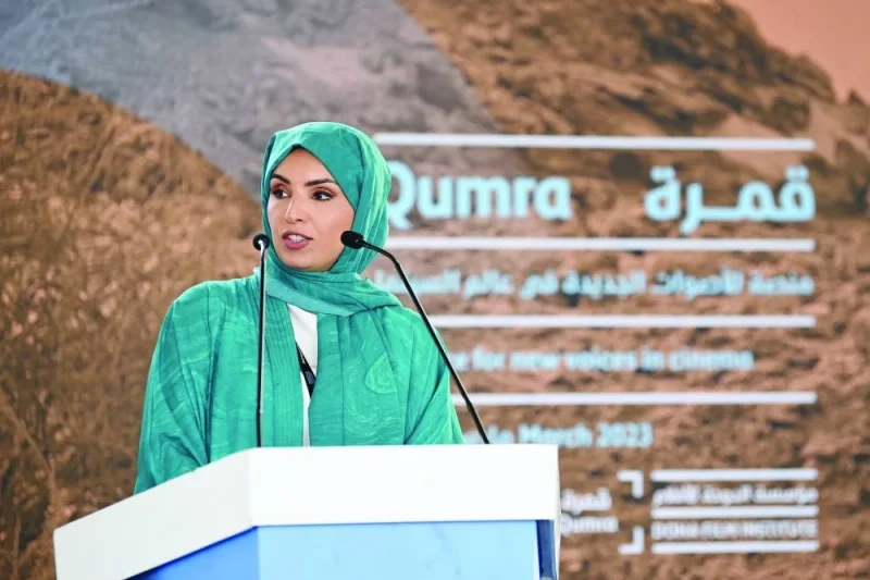 Fatma Alremaihi speaks on stage at the Meet-and-Greet Friday
