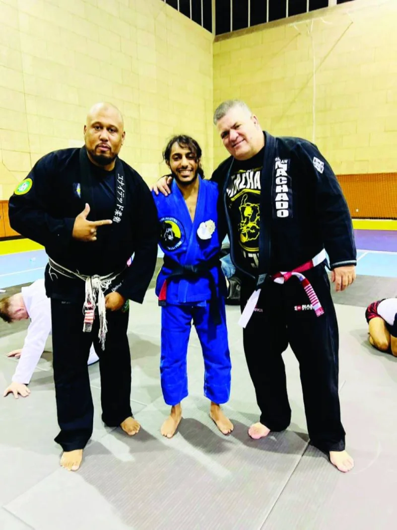 Professor ‘Ismail’ Bass (left) is seen with first Qatari black belt Sheikh Salman al-Thani from United Jiu-Jitsu and Rigan Machado. 