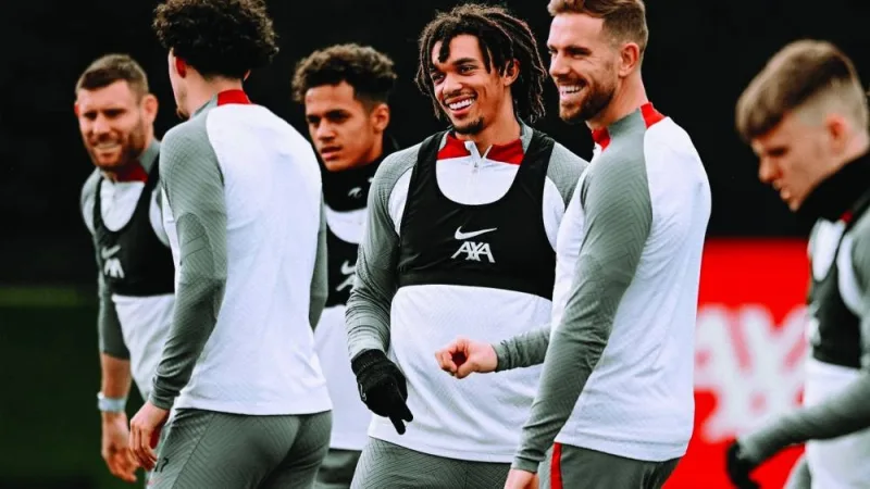 Liverpool players are all smiles at a training session yesterday, on the eve of their Premier League clash against Manchester City.