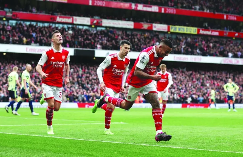 Arsenal’s Gabriel Jesus celebrates after scoring against Leeds. (Reuters)