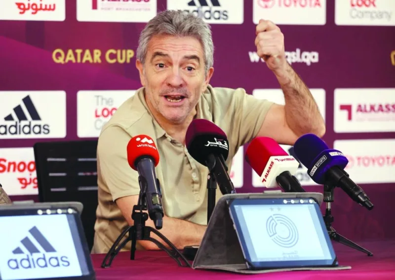 Al Sadd coach Juan Manuel Lillo Juanma is animated as he speaks at a press conference on Tuesday.