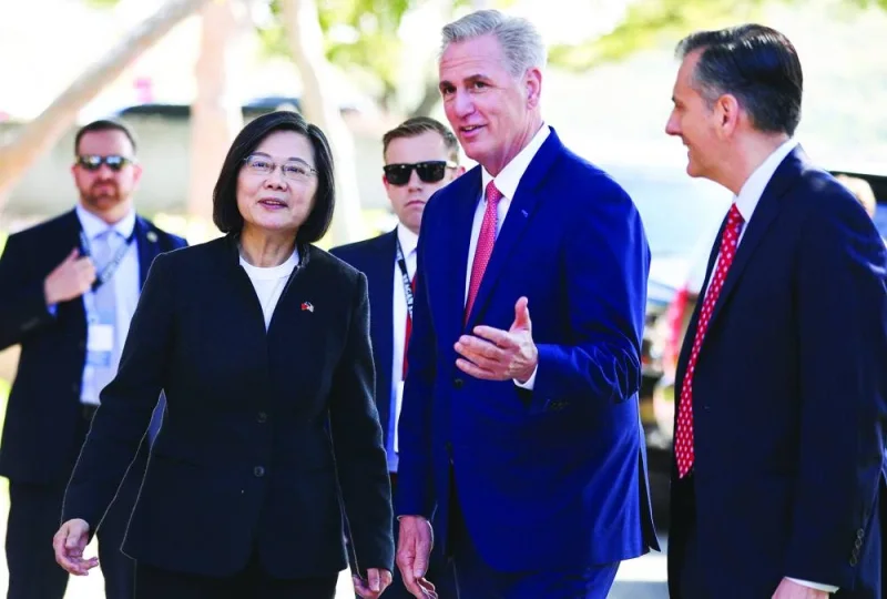 US Speaker of the House Kevin McCarthy (centre right) greets Taiwanese President Tsai Ing-wen on arrival at the Ronald Reagan Presidential Library in Simi Valley, California, for a bipartisan meeting.