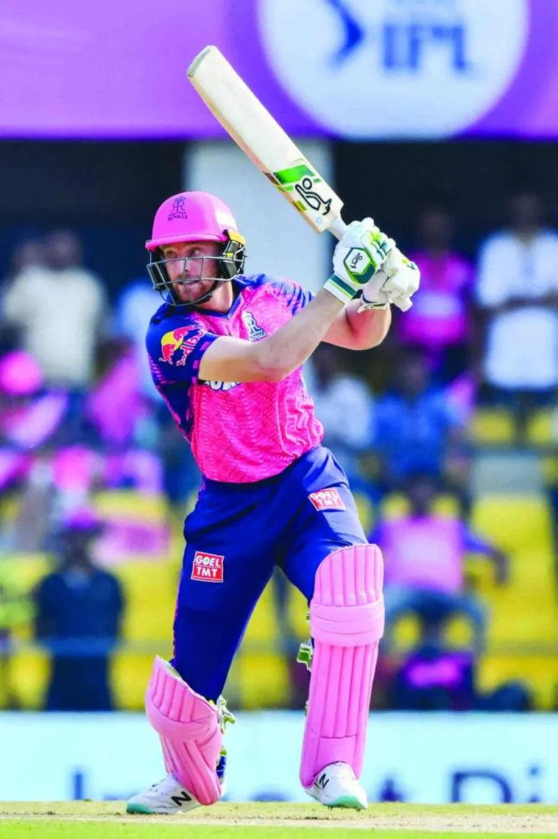 Rajasthan Royals' Jos Buttler plays a shot during the Indian Premier League match against Delhi Capitals at the Assam Cricket Association Stadium in Guwahati yesterday. (AFP)