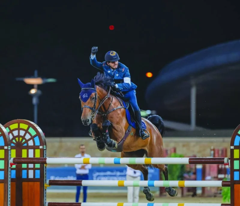 Faleh Suwead al-Ajami celebrates his Big Tour win in the final round 14th and final round of the Qatar Equestrian Tour – Longines Hathab