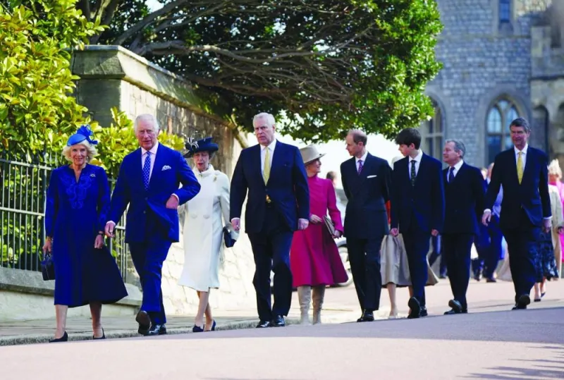 Britain’s King Charles III and Queen Consort Camilla walk with Princess Anne (third left), Prince Andrew (fourth left), Duchess of Edinburgh Sophie (centre left), Prince Edward (fourth right), Earl of Wessex James, and Vice-Admiral Timothy Laurence (right) as they arrive for the Easter Mattins Service at St George’s Chapel, Windsor Castle.