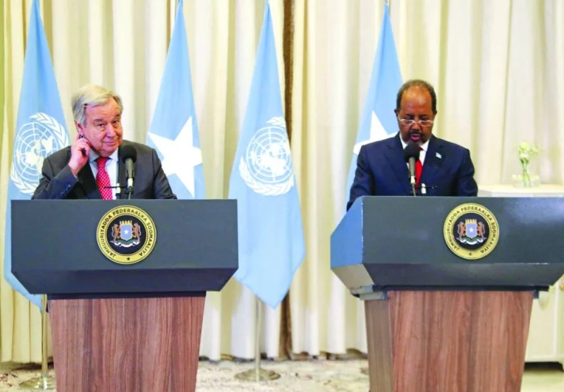 UN Secretary-General Antonio Guterres and Somali President Hassan Sheikh Mohamud attend a joint news conference at the Presidential palace in Mogadishu, yesterday.