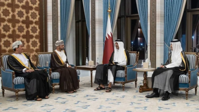 His Highness the Amir Sheikh Tamim bin Hamad Al-Thani meets with the Minister of Foreign Affairs of the sisterly Sultanate of Oman Sayyid Badr bin Hamad bin Hamood Albusaidi.