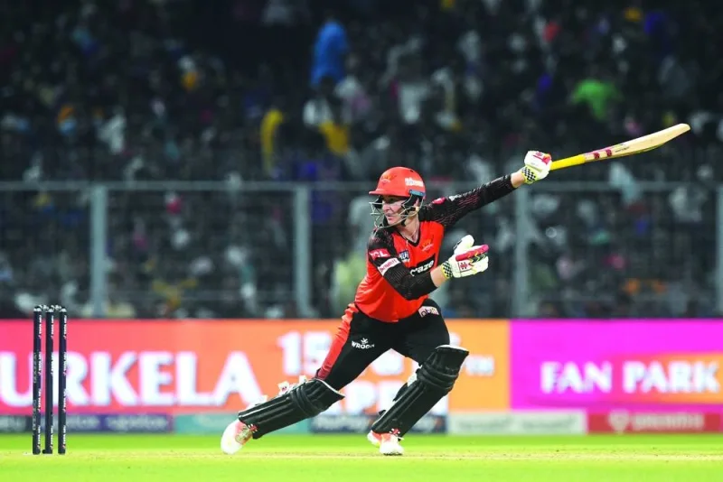 Sunrisers Hyderabad’s Harry Brook plays a shot during the IPL match against Kolkata Knight Riders at the Eden Gardens Stadium in Kolkata on Friday. (AFP)