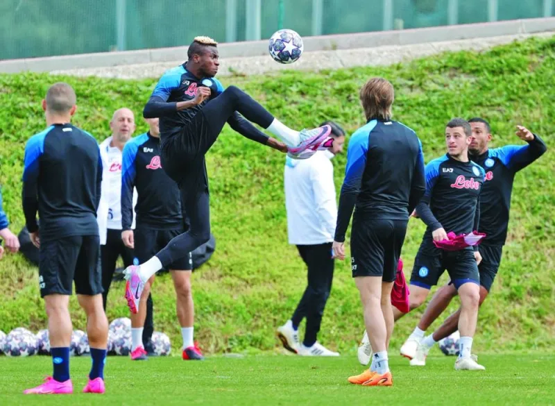 Napoli’s Victor Osimhen (centre) trains yesterday at the Centro Sportivo Castel Volturno in Naples, Italy. (Reuters)