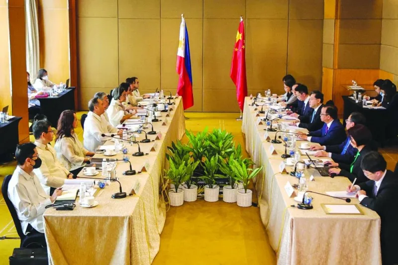 Chinese State Councilor and Foreign Minister Qin Gang and Philippine Foreign Affairs Secretary Enrique Manalo attend a bilateral meeting, in Manila.