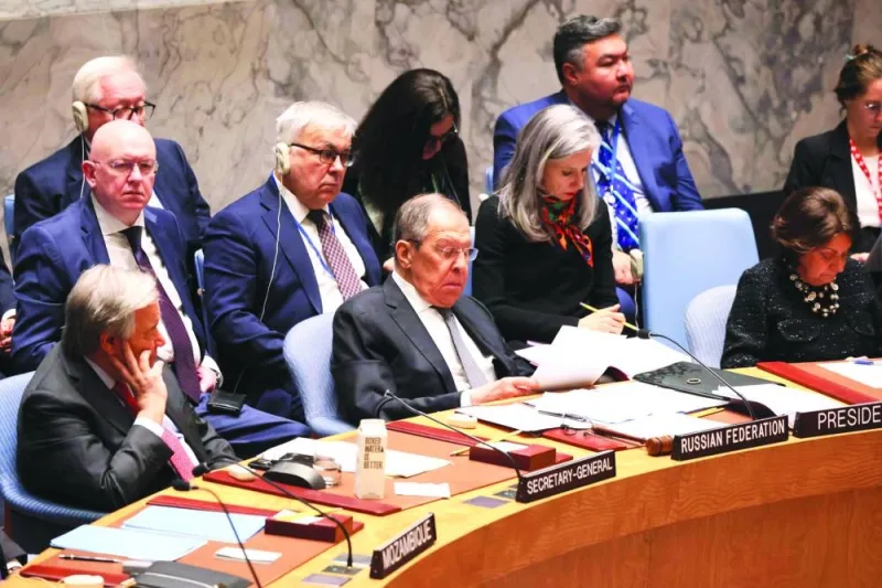 UN Secretary-General Antonio Guterres with Russian Foreign Minister and Security Council Acting President for the month of April Sergei Lavrov listen as US Representative to the UN Linda Thomas-Greenfield speaks.