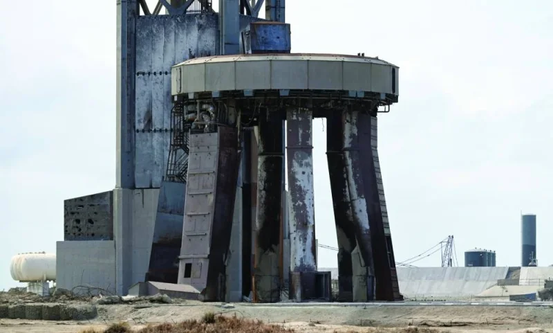 The launch pedestal is shown on SpaceX’s launchpad after their next-generation Starship and super heavy rocket launched, causing damage at the company’s Boca Chica facility.