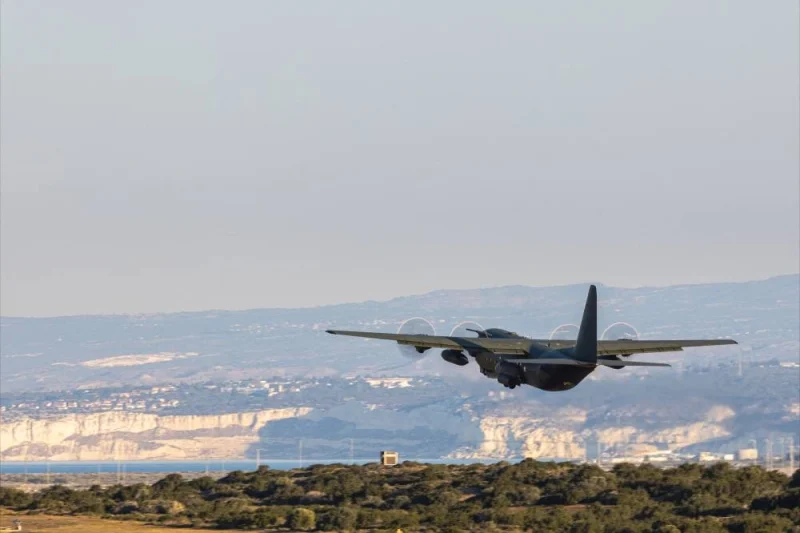 A C-130 Hercules bound for Sudan, takes off to evacuate British embassy diplomats and their families, in RAF Akrotiri, Cyprus. LPHOT MARK JOHNSON/Pool via REUTERS