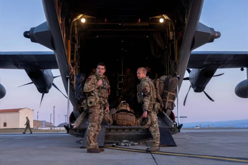 Lieutenant Colonel Oliver Denning and Duncan Maddocks RSM 40 Commando board the C-130 bound for Sudan to evacuate British embassy diplomats and their families, in RAF Akrotiri, Cyprus. LPHOT MARK JOHNSON/Pool via REUTERS