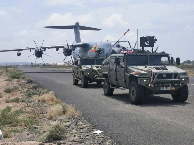 Spanish military plane and military vehicles are seen departing on tarmac as Spanish diplomatic personnel and citizens are evacuated, in Khartoum, Sudan, April 23. Spanish Defence Ministry Handout/Handout via REUTERS  
