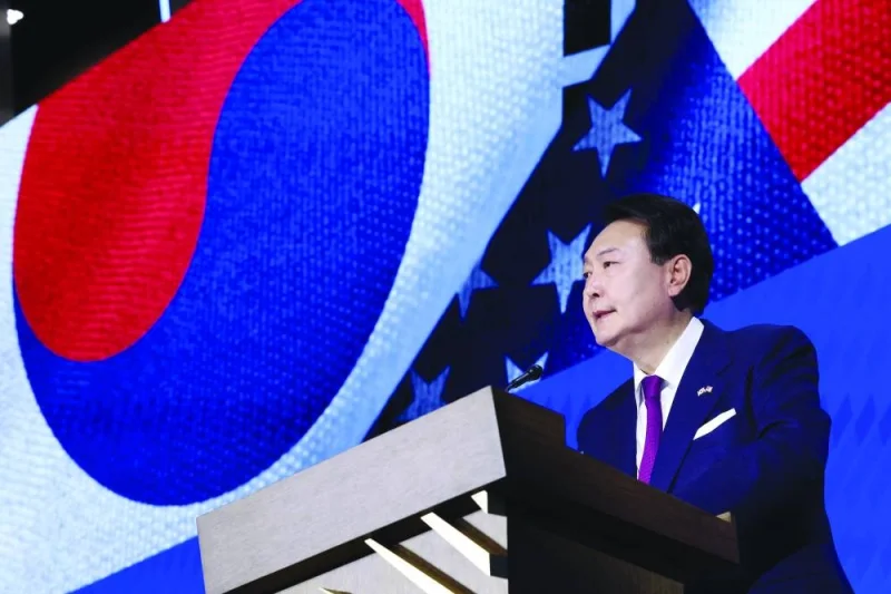 South Korean President Yoon Suk Yeol delivers remarks during a US-Korea Business Forum at the US Chamber of Commerce yesterday in Washington, DC. President Yoon Suk Yeol, on his first trip to the United States as president, will meet with U.S. President Joe Biden and will deliver an address to Congress.
