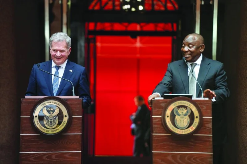 South African President Cyril Ramaphosa and Finland’s President Sauli Niinisto attend a media conference at the Union Buildings in Pretoria, yesterday.