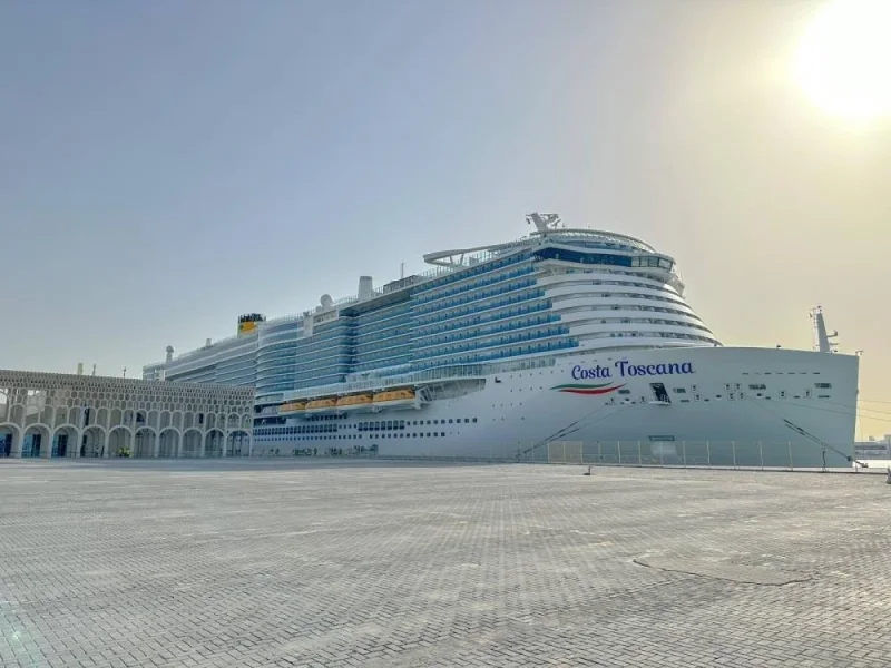 A cruise ship docked at the Grand Cruise Terminal.
