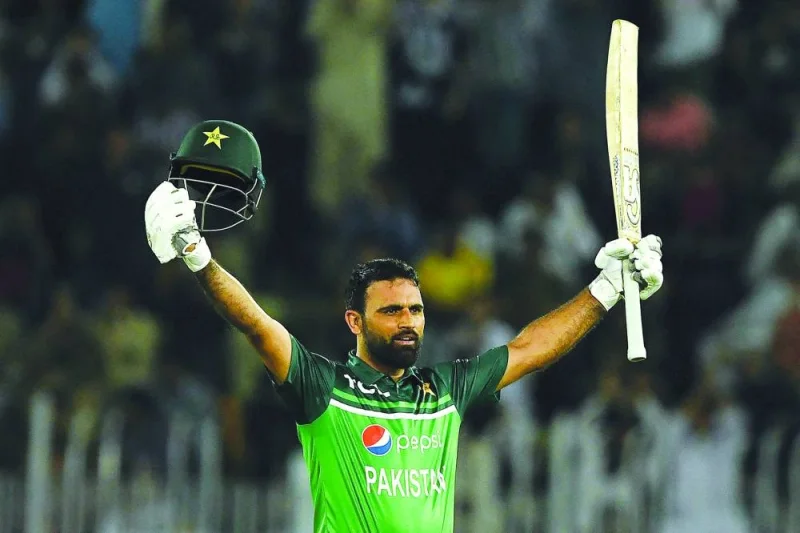 Pakistan’s Fakhar Zaman celebrates after scoring a century during the first ODI against New Zealand in Rawalpindi on Thursday. (AFP)
