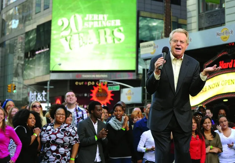 This photo taken on October 11, 2010 shows Springer celebrating the taping of The Jerry Springer Show 20th anniversary show at Military Island at Times Square in New York.