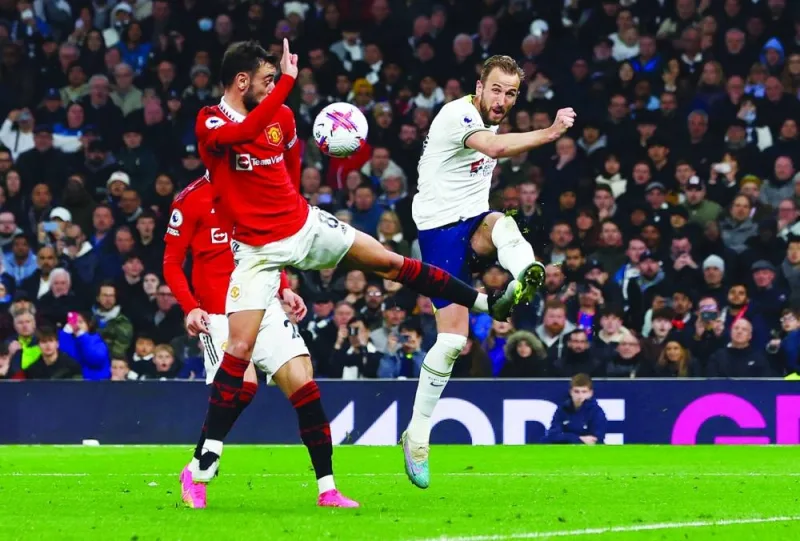 Tottenham Hotspur’s Harry Kane (right) vies for the ball with Manchester United’s Bruno Fernandes during the Premier League match in London on Thursday. (Reuters)