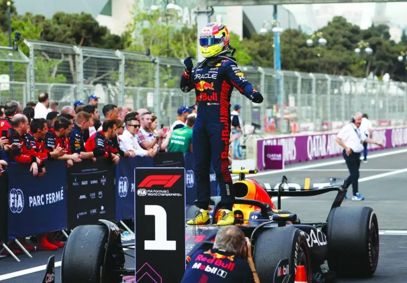 Red Bull’s Sergio Perez celebrates after winning the Azerbaijan Grand Prix in Baku yesterday. (Reuters)