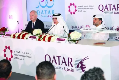 HE Akbar al-Baker flanked by  Badr al-Meer, chief operating officer, Hamad International Airport and Thierry Antinori, Qatar Airways chief commercial officer, at a media event on the sidelines of Arabian Travel Market in Dubai Monday.