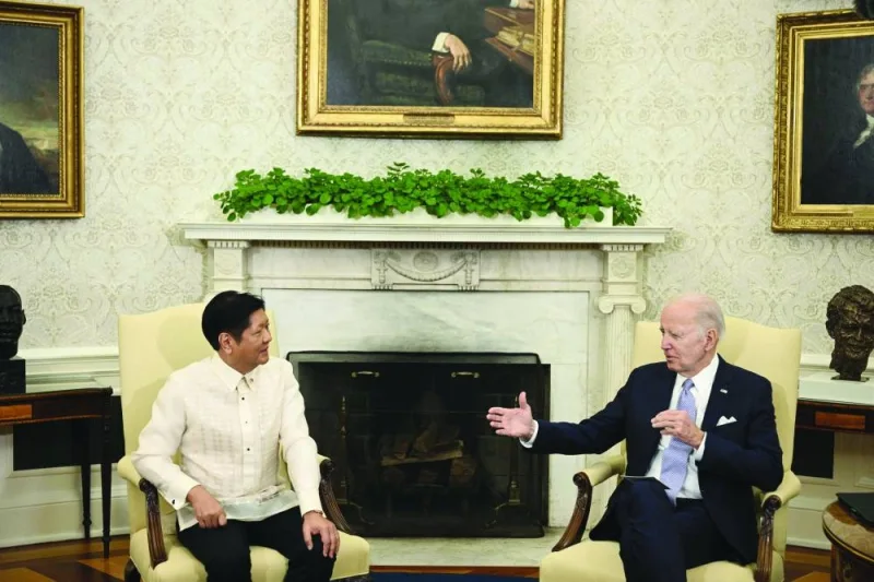 US President Joe Biden speaks during a bilateral meeting with Philippine President Ferdinand Marcos Jr. in the Oval Office of the White House in Washington, DC, yesterday. (AFP)