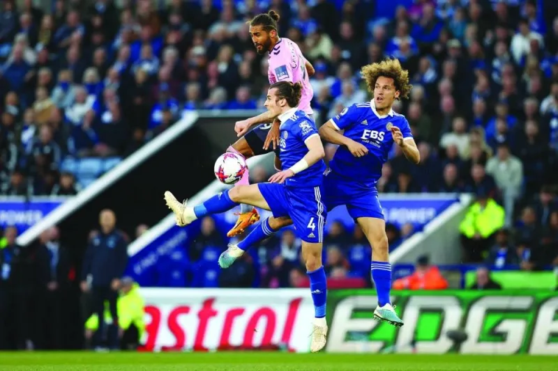
Everton’s Dominic Calvert-Lewin (centre) vies for the ball with Leicester City’s Caglar Soyuncu (left) and Wout Faes during the Premier League match in Leicester, central England, on Monday. (AFP) 