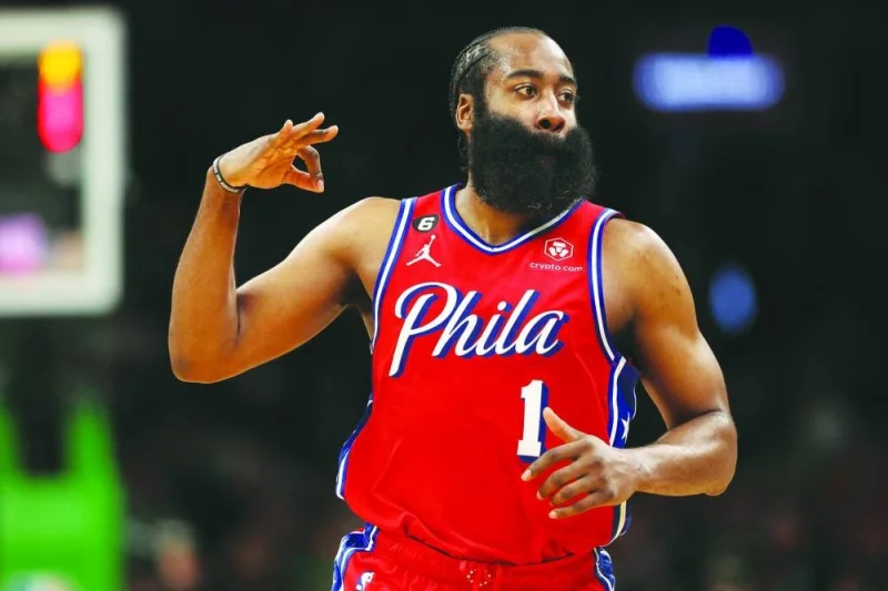 
James Harden of the Philadelphia 76ers celebrates after hitting a three point shot during game one of the Eastern Conference Second Round Playoffs against Boston Celtics in Boston. (AFP) 