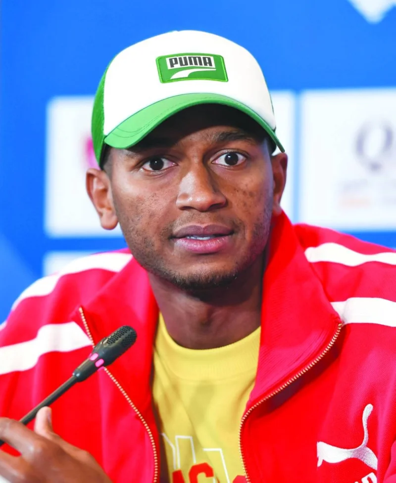 Mutaz Barshim speaks during a press conference on Thursday.