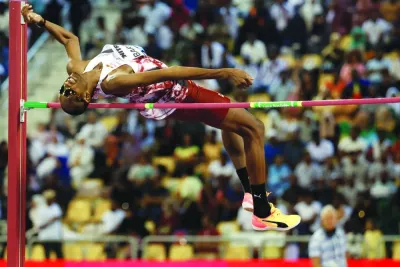 
Qatar’s Mutaz Essa Barshim competes in the men’s high jump. (AFP) 