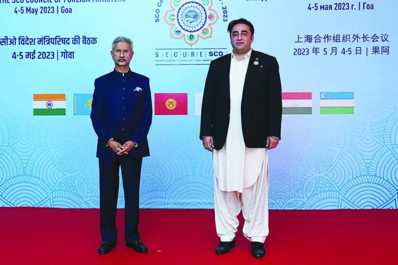 This handout photograph released by the Indian ministry of external affairs shows India's Foreign Minister Subrahmanyam Jaishankar with Pakistan's Foreign Minister Bilawal Bhutto Zardari during the Shanghai Co-operation Organisation (SCO) Council of Foreign Ministers' meeting in Benaulim.