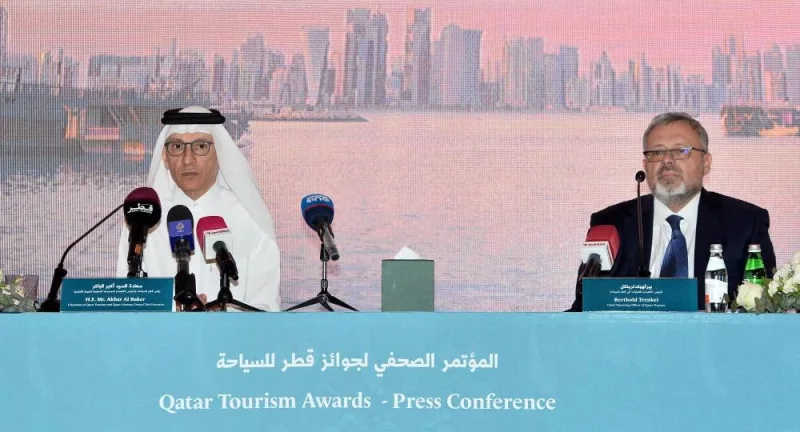 HE Akbar al-Baker announcing details of Qatar Tourism Awards at Ned Doha Tuesay. Qatar Tourism chief operating officer Berthold Trenkel is on the right. Picture: Shaji Kayamkulam