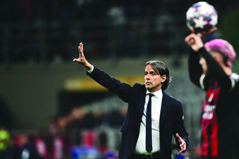 
Inter Milan’s Italian head coach Simone Inzaghi gives instructions during the UEFA Champions League semi-final first leg match against AC Milan at the San Siro stadium in Milan. (AFP) 