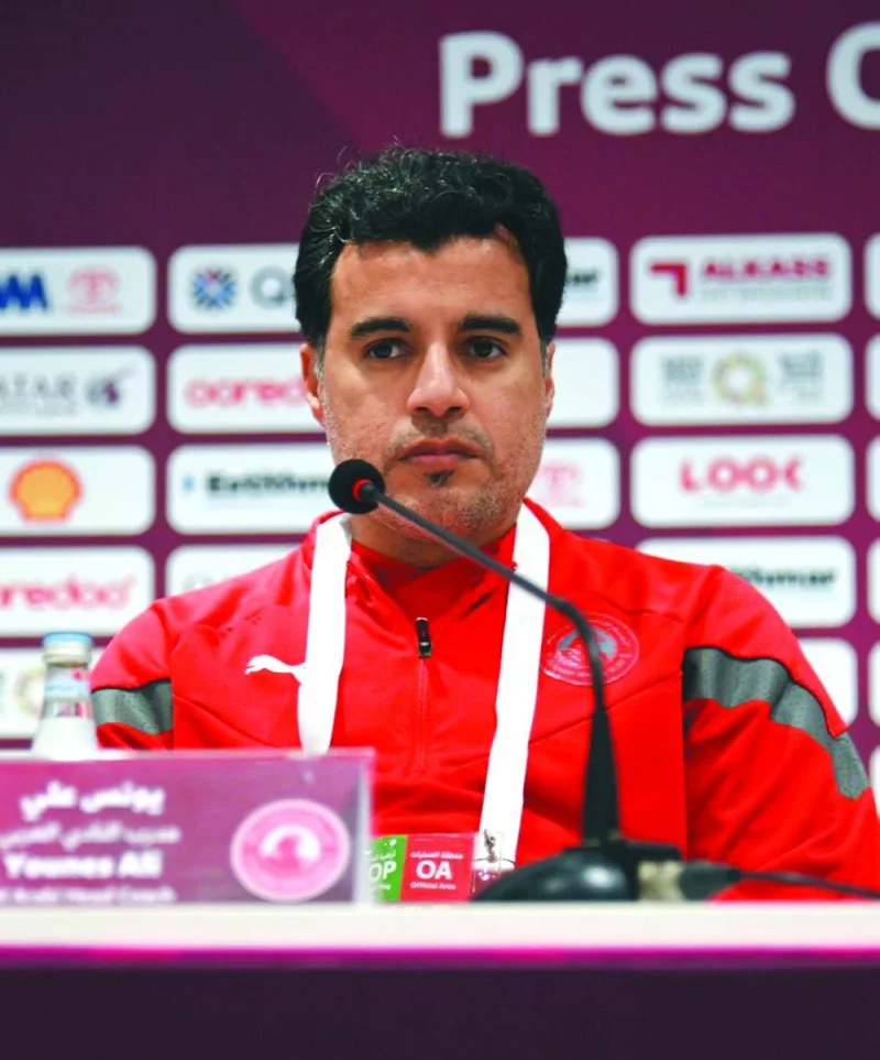 Al Arabi’s coach Younes Ali at a press conference on Thursday.