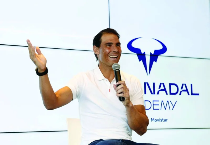 Rafael Nadal gestures as he speaks during a press conference at his academy in Manacor, Spain, on Thursday. (AFP)
