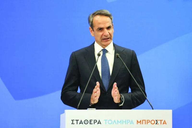 Greek PM and New Democracy conservative party leader Kyriakos Mitsotakis speaks at the party’s headquarters, after the general election, in Athens on Sunday.  (Reuters)