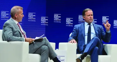 Manus Cranny engages Charles F Stewart in a conversation at Qatar Economic Forum 2023 Wednesday. PICTURE: Shaji Kayamkulam