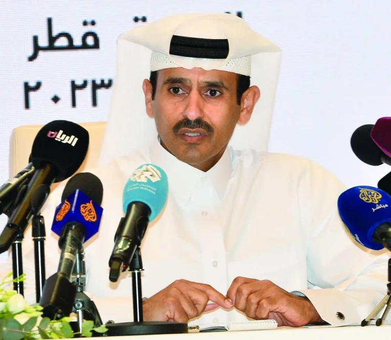 HE the Minister of State for Energy Affairs, Saad bin Sherida al-Kaabi addressing a media event at QatarEnergy headquarters yesterday. PICTURE: Shaji Kayamkulam