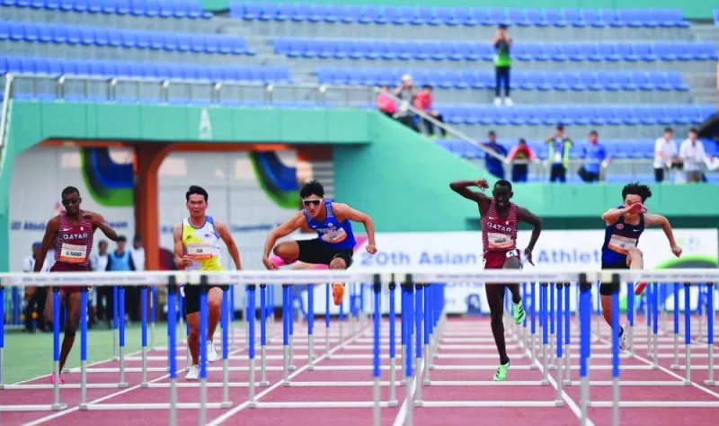 Qatar’s Oumar Doudai Abakar (second right) in action during the 110m hurdles at the Asian Under-20 Athletics Championships in Yecheon, South Korea, on Wednesday.