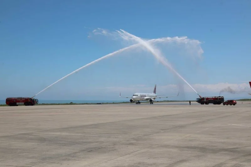 The aircraft being welcomed with water cannon salute upon landing at Trabzon.